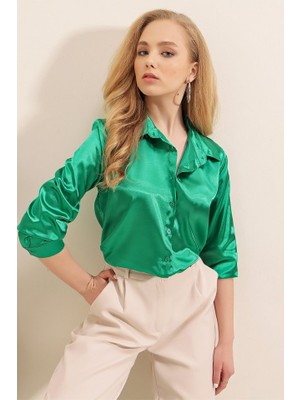 Arben Boutique 3964 Hafif Dökümlü Saten Gömlek - Yeşil