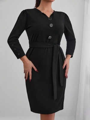 Arben Boutique Kadın Uzun Kollu Düğme Detaylı Kendinden Kemerli Ithal Krep Elbise