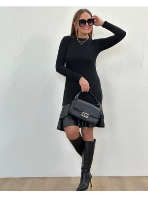 Arben Boutique Kadın Uzun Kollu Bisiklet Yaka Üst Viskon Etek Ucu Deri Kısa Elbise