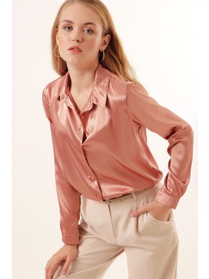 Arben Boutique 3964 Hafif Dökümlü Saten Gömlek - Camel
