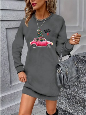 Arben Boutique Kadın Uzun Kollu Bisiklet Yaka Desenli Viskon Iki Iplik Elbise