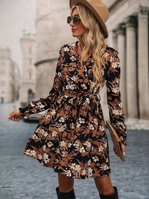 Arben Boutique Kadın Uzun Kollu Kruvaze Yaka Çiçek Desenli Dalgıç Elbise