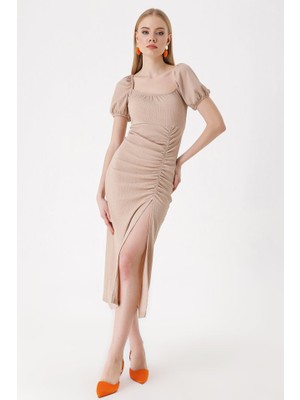 Arben Boutique 2396 Yırtmaçlı Yazlık Örme Elbise - Bisküvi