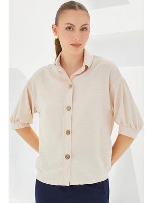 Arben Boutique Krem Kısa Kol Oversize Keten Gömlek 20240
