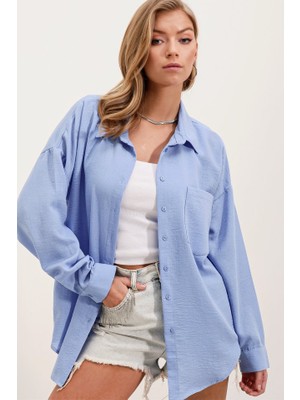 Arben Boutique 20153 Tek Cepli Oversize Keten Gömlek - Mavi