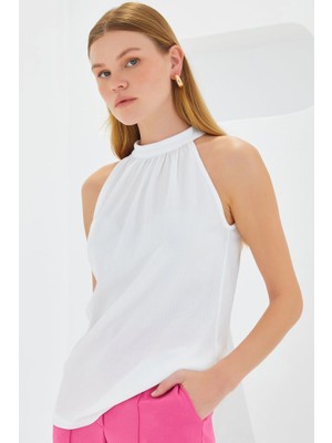 Arben Boutique 0489 Halter Yaka Örme Bluz - Beyaz