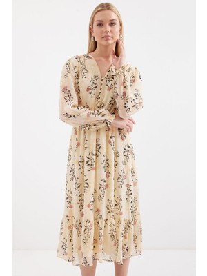 Arben Boutique Bigdart 2137 Desenli Şifon Elbise - Krem