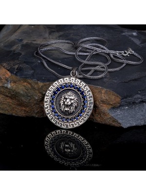 Aslan Motifli Mavi Zirkon Taşlı 925 Ayar Gümüş Kolye