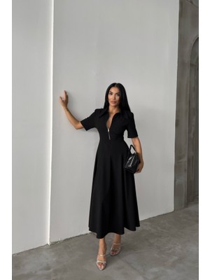 Arben Boutique Polyviskon Elbise Kısa Kol Yaka ve Fermuar Detaylı - Siyah