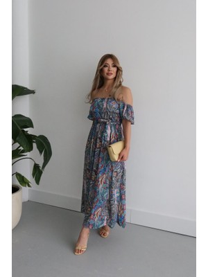 Arben Boutique Kadın Kısa Kollu Madonna Yaka Fırfırlı Belden Yırtmaçlı Maksi Süprem Elbise