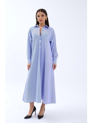 Arben Boutique 5857 Elbise-Mavi Beyaz Çizgili