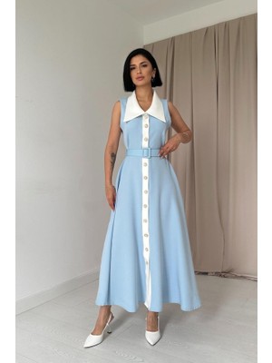 Arben Boutique Bebe Mavi Geniş Yakalı Halter Kollu Elbise