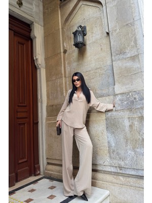 Arben Boutique Çizgili Bluz  - Pantolon Takım - Bej