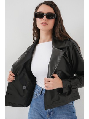 Arben Boutique Kemerli Siyah Suni Deri Ceket 0698