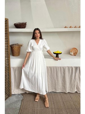 Arben Boutique Ekru Müslin Uzun Elbise