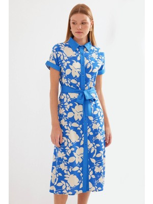 Arben Boutique 2455 Desenli Gömlek Elbise - Mavi