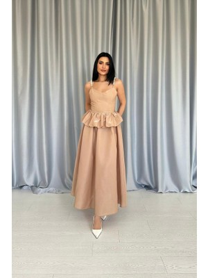 Arben Boutique Camel Beli Büzgülü Inci Askılı Uzun Elbise
