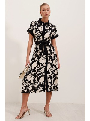 Arben Boutique 2455 Desenli Gömlek Elbise - Siyah
