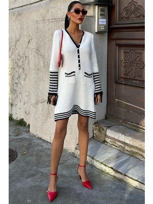 Arben Boutique Triko Kolları Püsküllü Düğmeli Elbise 2849