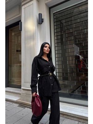 Arben Boutique Çizgili Arka Tasarım  Detaylı  Gömlek-Pantolon Tk - Siyah