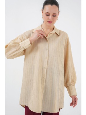 Arben Boutique Çizgili Uzun Gömlek Tunik 5963 - Bej