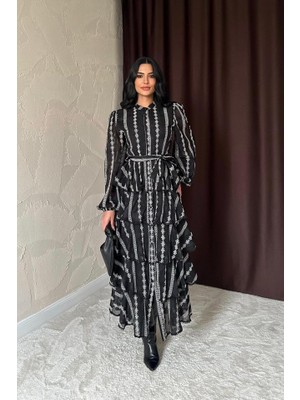 Arben Boutique Siyah Uzun Volanlı Elbise