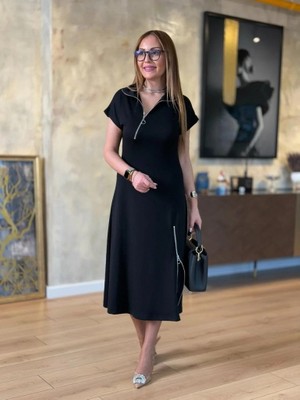 Arben Boutique Kadın Kısa Kollu Yakadan ve Etekten Fermuarlı Midi Viskon Iki Iplik Elbise