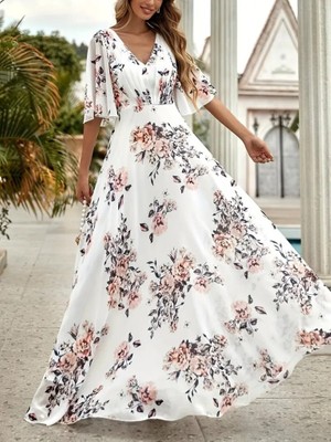 Arben Boutique Kadın Kısa Kollu V Yakalı Çiçek Desenli Süprem Elbise