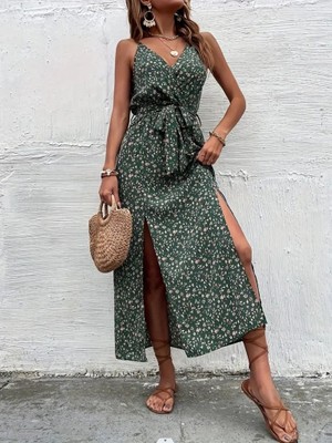 Arben Boutique Kadın Ip Askılı Kruvaze Yakalı Yırtmaçlı Uzun Desenli Kuşaklı Süprem Elbise