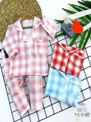 9-12-18-24 Ay Düğme Kapamalı Ekose Desenli 2li Kız Erkek Bebek Pijama Takımı Pembe