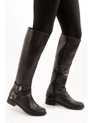 E726203409 Siyah Cilt Alçak Topuklu Kadın Çizme