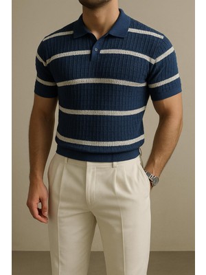 Mavi Beyaz Şeritli Polo T-Shirt Erkek