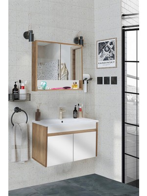 Seren-B-Ea 80 cm Seramik Lavabolu Banyo Dolabı Takımı Komple Mdf, Hazır Kurulu