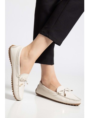 Kadın Hakiki Deri Klasik Loafer - Krem