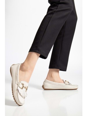 Kadın Hakiki Deri Tokalı Klasik Loafer - Krem