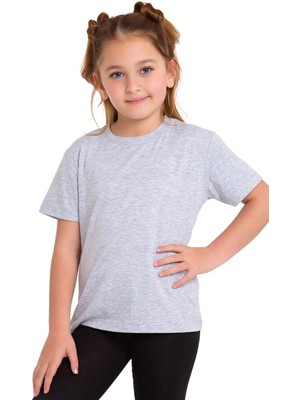 Bisiklet Yaka Kısa Kol Baskısız Gri Melanj Renk Kız Çocuk Tshirt
