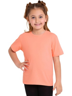 Bisiklet Yaka Kısa Kol Baskısız Somon Renk Kız Çocuk Tshirt