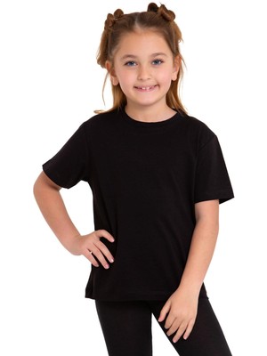 Bisiklet Yaka Kısa Kol Baskısız Siyah Renk Kız Çocuk Tshirt