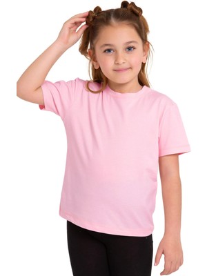 Bisiklet Yaka Kısa Kol Baskısız Pembe Renk Kız Çocuk Tshirt