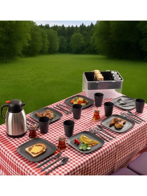 33 Parça 6 Kişilik Gri Renkli Organizerli Taşıma Kutulu Piknik Seti