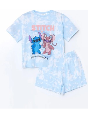 Lcw Kids mavi Bisiklet Yaka Lilo ve Stitch Baskılı Kız Çocuk Şortlu Pijama Takımı