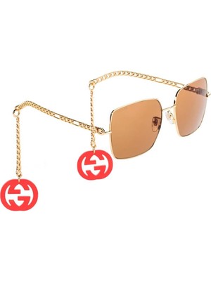 Gucci GG0724S 002 61-18 Kadın Kahverengi Mat Camlı Altın Metal Kare Güneş Gözlüğü