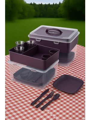 33 Parça 6 Kişilik Mor Renk  Organizerli Taşıma Kutulu Piknik Seti