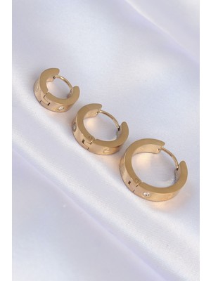 Toptan Bulurum 316L Çelik Gold Renk Zirkon Taşlı Model 3lü Halka Küpe