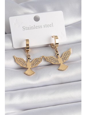 Toptan Bulurum 316L Çelik Gold Renk Zirkon Taşlı Anka Kuşu Model Kadın Küpe