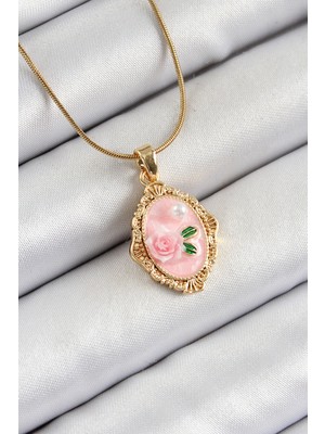 Toptan Bulurum 316L Çelik Zincir Pembe Sanatsal Portre İnci Detaylı Gül Figürlü Model Gold Renk Kadın Kolye