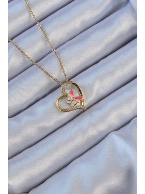 Toptan Bulurum 316L Çelik Zincir Altın Renk Mineli Kelebek Figür Zirkon Taşlı Kalp Kolye