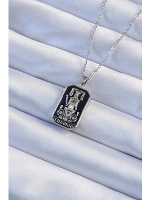 Toptan Bulurum 316L Çelik Zincir Gümüş Renk Siyah Mineli Tarot Kolye
