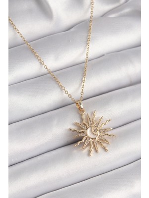 Toptan Bulurum 316L Çelik Gold Renk Zincir Renkli Zirkon Taşlı Sedefli Ay Işleme Detay Kadın Kolye