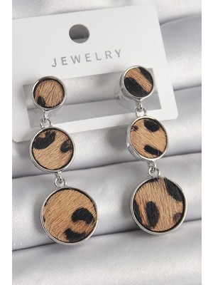 Toptan Bulurum Pirinç Gümüş Renk 3'lü Daire Plaka Leopar Desenli Kadın Küpe